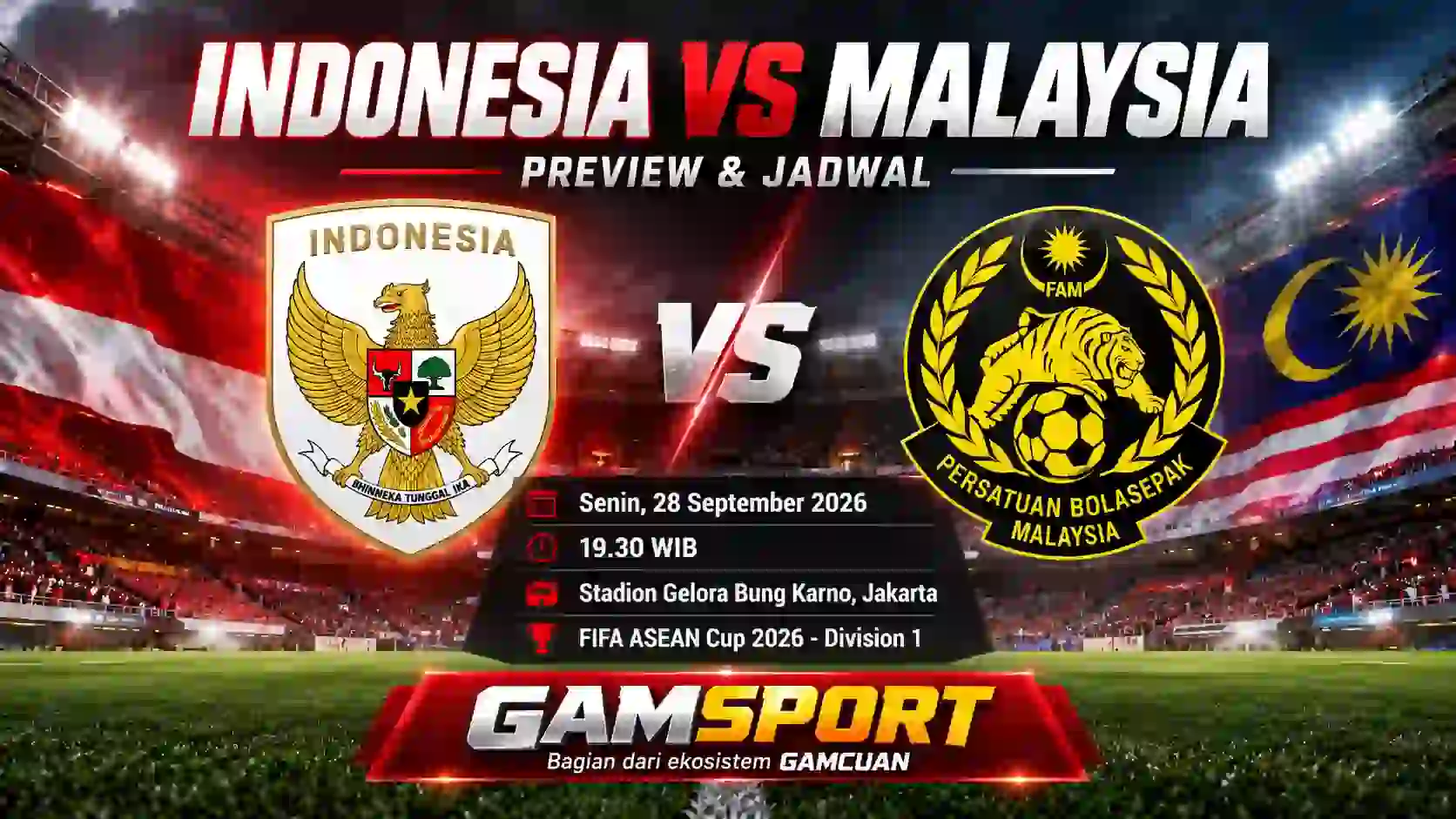 Indonesia vs Malaysia bertemu di FIFA ASEAN Cup 2026. Simak preview, kondisi tim, rekor pertemuan, jadwal, jam WIB, dan stadion.