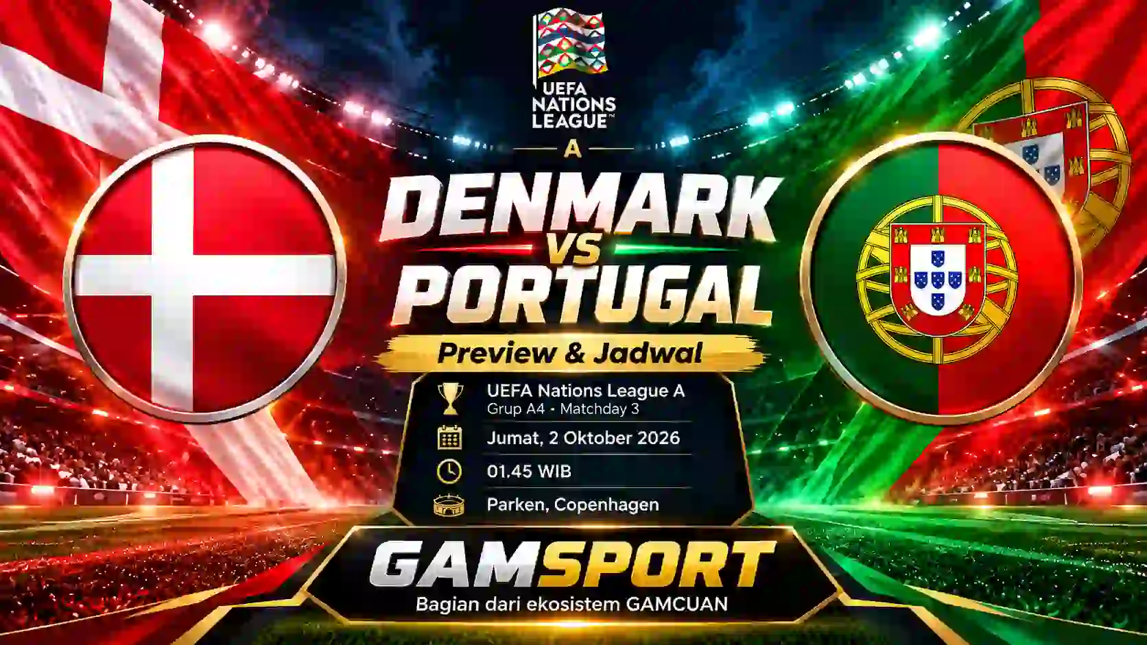 Denmark vs Portugal UEFA Nations League 2026 di Parken Copenhagen